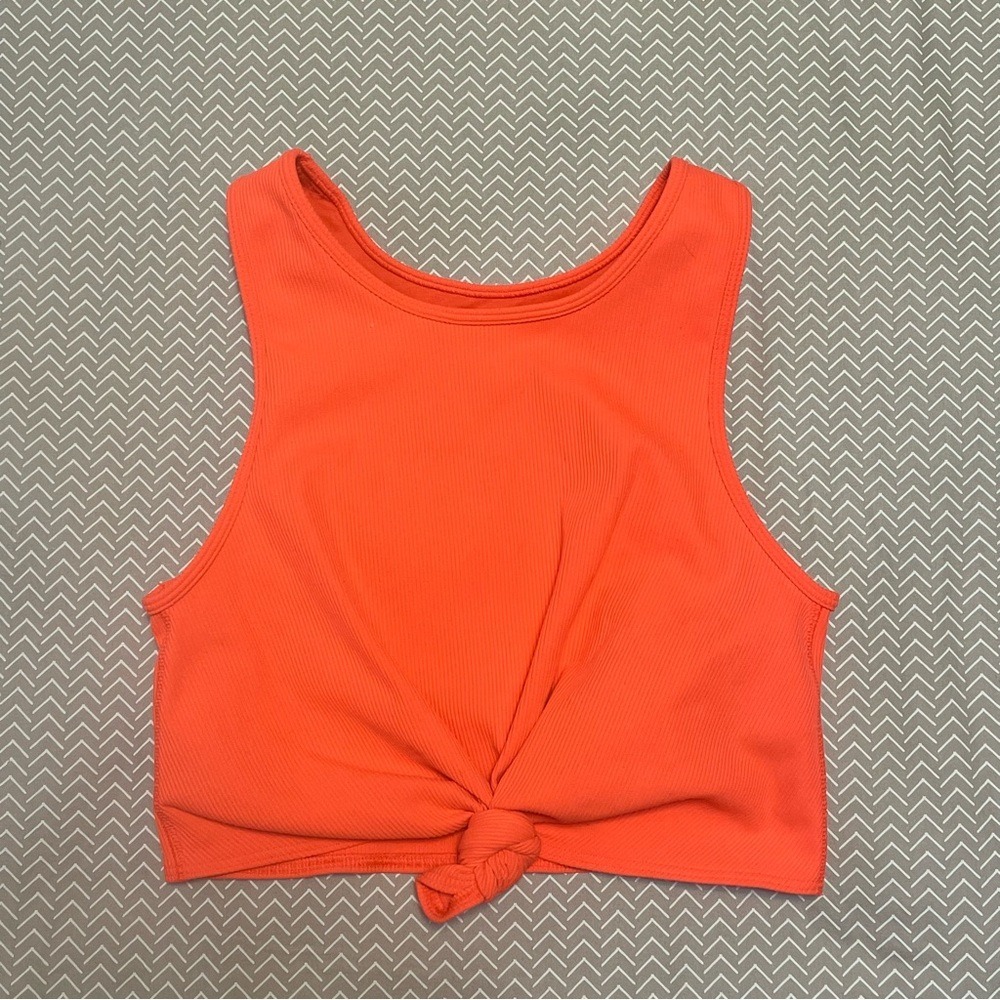 GapFit Womens Ribbed Front Knot Crop Top Neon Orange Shelf Bra Tank Small - Picture 3 of 7